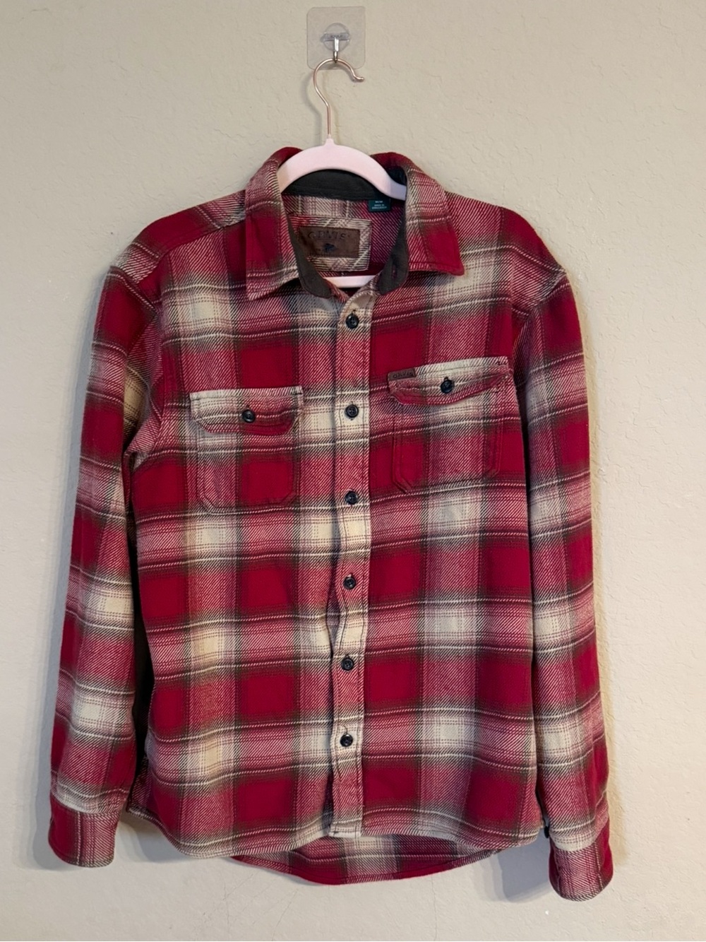 Orvis Men’s Heavyweight Plaid Flannel Shirt Jacket Shacket Red Tan